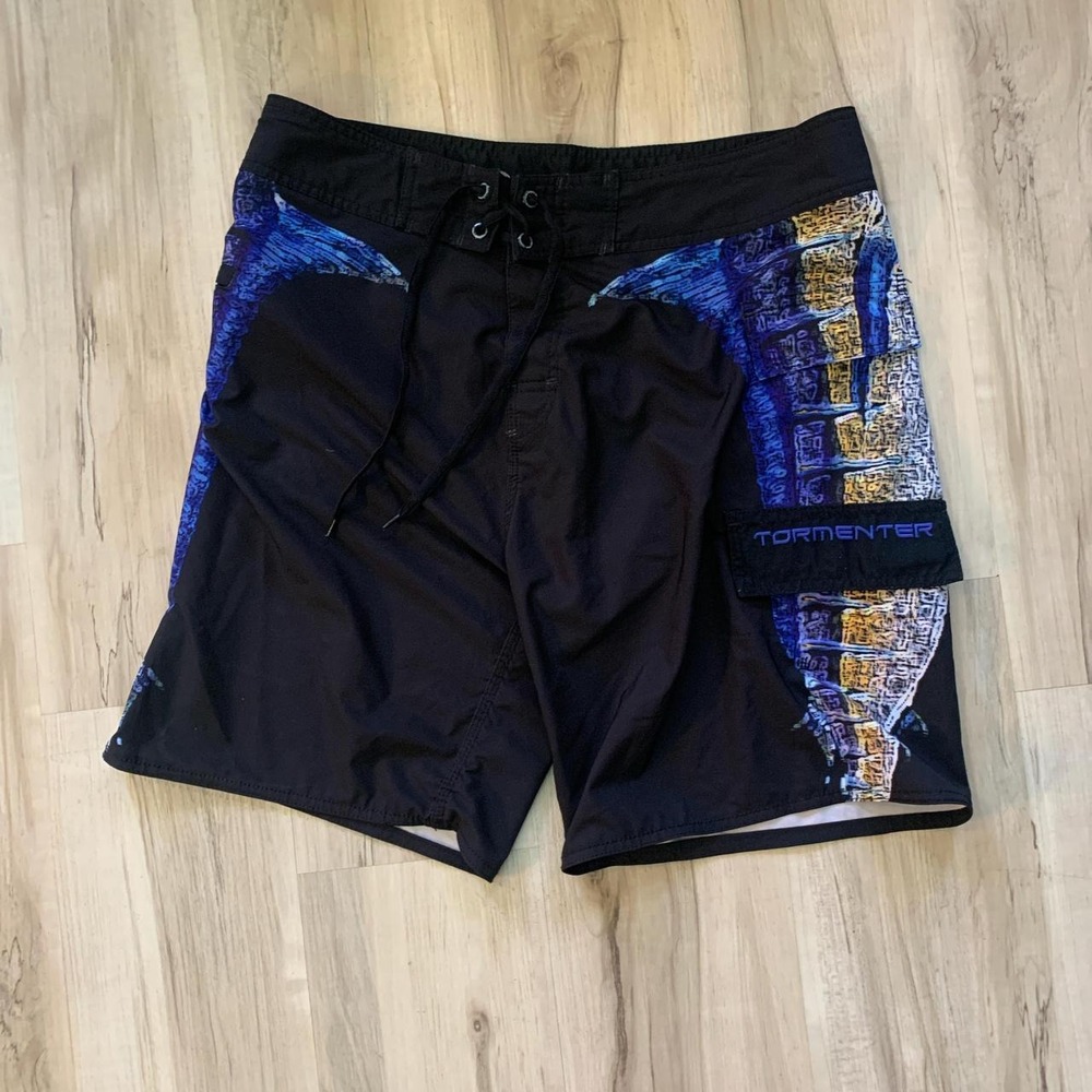 Tormenter Mens Black Blue Fish Graphic Board Shorts Tech Pocket Size 36
